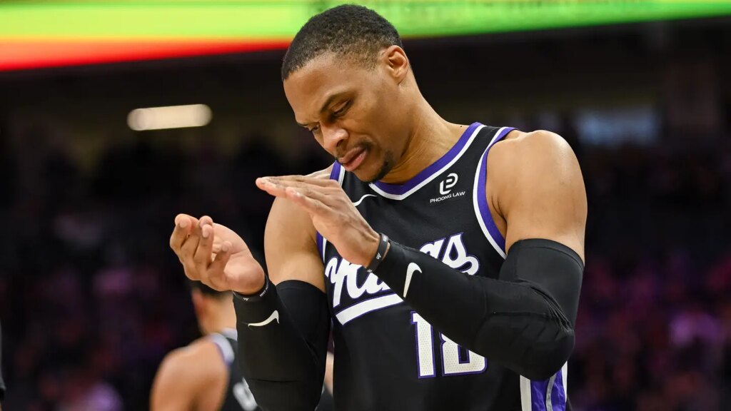 Feb 4, 2026; Sacramento, California, USA; Sacramento Kings guard Russell Westbrook (18) reacts to a call during the third quarter against the Memphis Grizzlies at Golden 1 Center. Mandatory Credit: Ed Szczepanski-Imagn Images