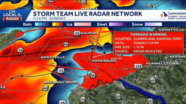 WATCH LIVE: Tornado Warning issued for Cumberland, Dauphin and Perry Counties