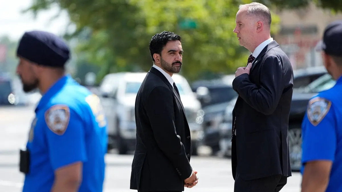 New York City Mayor Zohran Mamdani departs the funeral service of U.S. soldier Sgt. Angel S. Rampersad