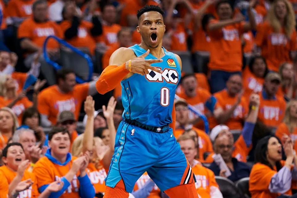 OKLAHOMA CITY, OKLAHOMA - APRIL 19: Russell Westbrook #0 of the Oklahoma City Thunder reacts after a made basket against the Portland Trail Blazers during the second half of game three of the Western Conference quarterfinals at Chesapeake Energy Arena on April 19, 2019 in Oklahoma City, Oklahoma. NOTE TO USER: User expressly acknowledges and agrees that, by downloading and or using this photograph, User is consenting to the terms and conditions of the Getty Images License Agreement. (Photo by Cooper Neill/Getty Images)