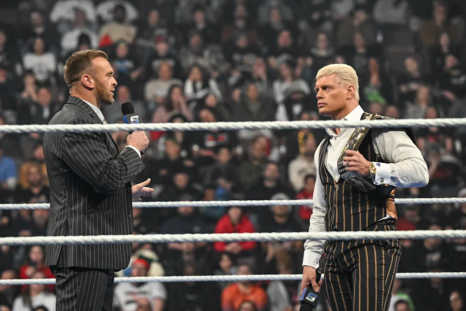 GRAND RAPIDS, MICHIGAN - DECEMBER 19: Nick Aldis and Cody Rhodes speak during SmackDown at Van Andel Arena on December 19, 2025 in Grand Rapids, Michigan. (Photo by Michael Marques/WWE via Getty Images)