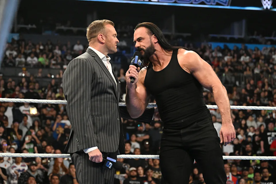PHOENIX, ARIZONA - MARCH 13: Drew McIntyre confronts Nick Aldis during SmackDown at Mortgage Matchup Center on March 13, 2026 in Phoenix, Arizona.  (Photo by Michael Marques/WWE via Getty Images)