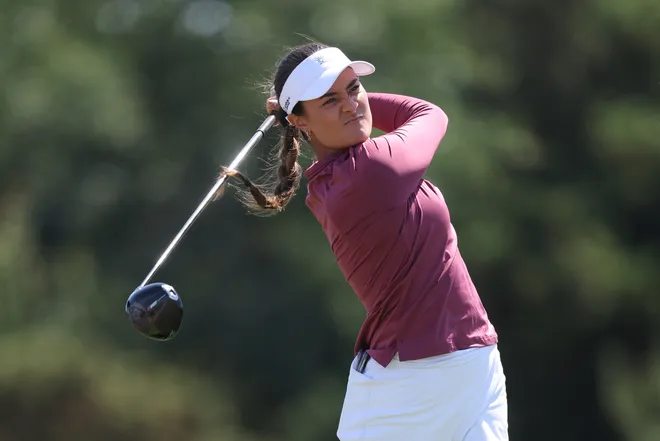 Kiara Romero of the United States tees off on the fourth hole during the second round of the AIG Women's Open 2026 at Royal Lytham & St. Annes on July 31, 2026 in Lytham St Annes, England.