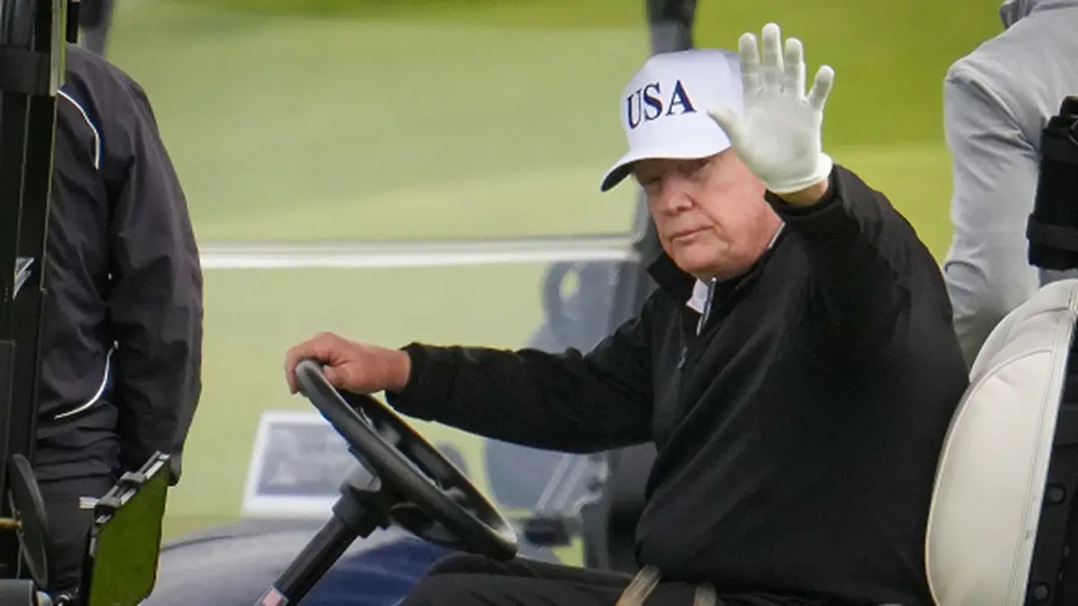 Donald Trump plays golf at Trump Turnberry golf course in Turnberry, Scotland.