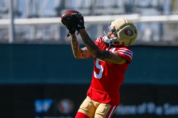 San Francisco 49ers' Mike Evans (5) catches the ball during practice at Levi's Stadium practice field in Santa Clara, Calif., on Friday, July 31, 2026. (Shae Hammond/Bay Area News Group)