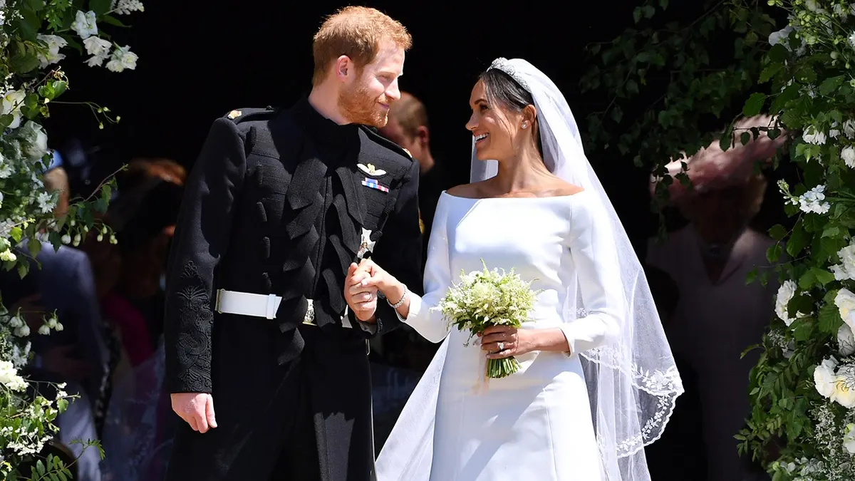 Prince Harry and Meghan, Duchess of Sussex, leave St. George's Chapel in Windsor.
