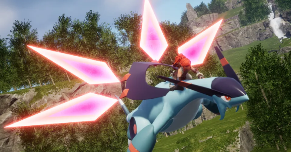 A Palworld player takes flight on top of a cute dragon.