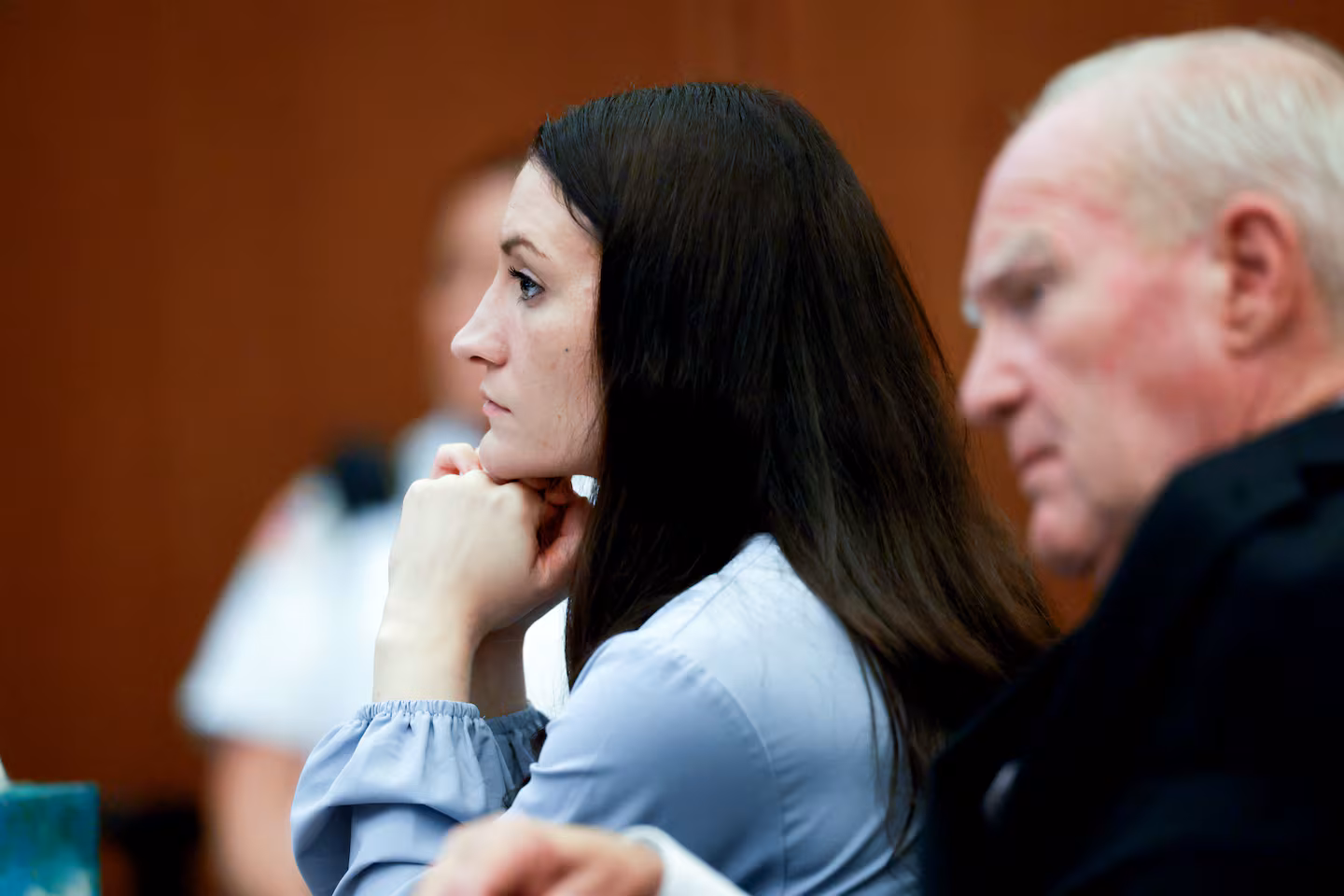 Lindsay Clancy, and her Defense Attorney Kevin Reddington,listen to testimony from Rebecca Jollotta, at Clancy's murder trial in Plymouth MA on Tuesday August 11 2026.