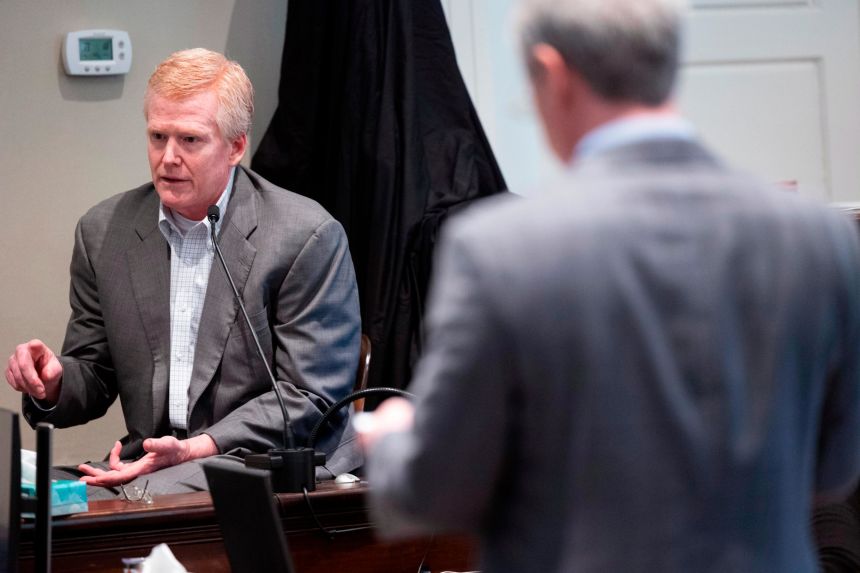 Defendant Alex Murdaugh is cross examined by prosecutor Creighton Waters while testifying in his murder trial at the Colleton County Courthouse, February 24, 2023, in Walterboro, South Carolina.
