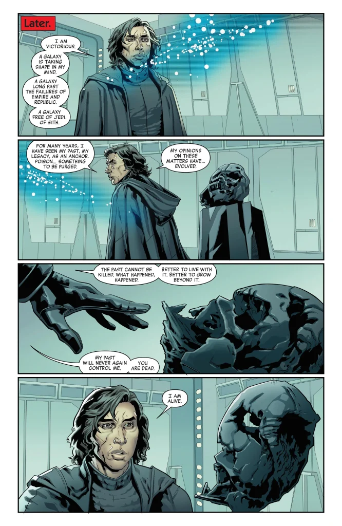 Kylo Ren speaks to the melted mask of Darth Vader