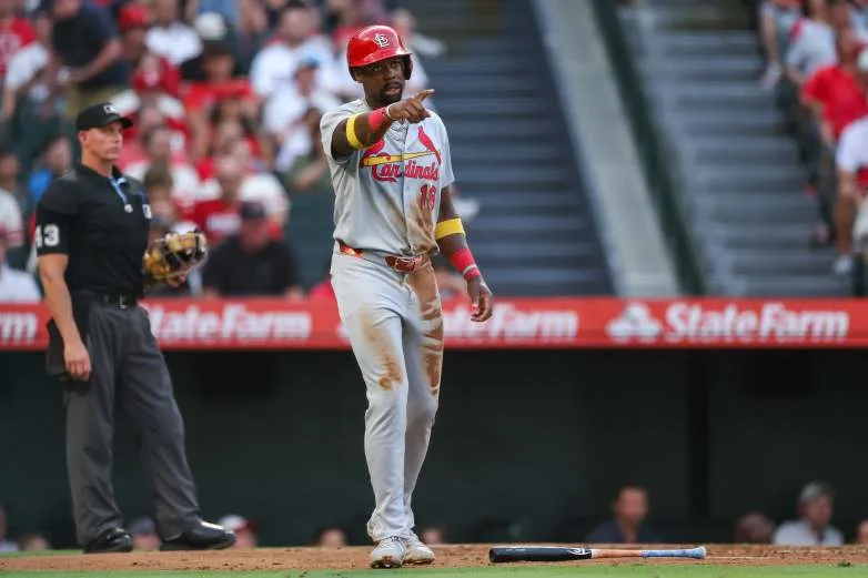 ANAHEIM, CALIFORNIA - JULY 20: Jordan Walker #18 of the St. Louis Cardinals reacts after scoring on an RBI single during the second inning against the Los Angeles Angels at Angel Stadium of Anaheim on July 20, 2026 in Anaheim, California. (Photo by Ross Turteltaub/Getty Images)