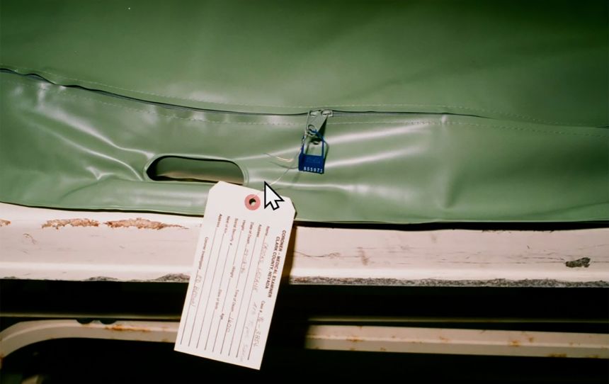 An image showing a body bag with the coroner/medical examiner's tag attached was shown during the trial on Tuesday, August 18.