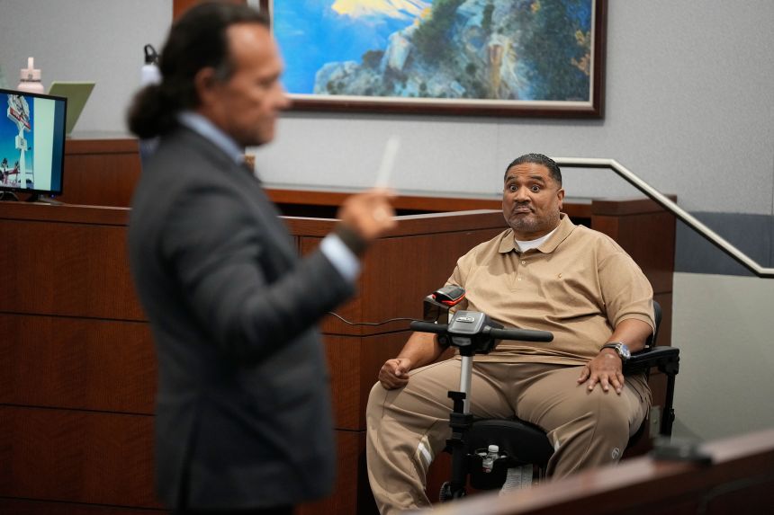 Reginald Lilburn Wright Jr. testifies at Clark County District Court Regional Justice Center in Las Vegas on Tuesday.