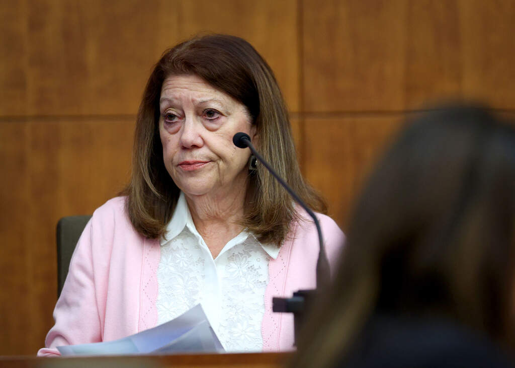 Lindsay Clancy's mother Paula Musgrove testifies about text messages between her and her daughter. (Greg Derr/The Patriot Ledger via AP, Pool)