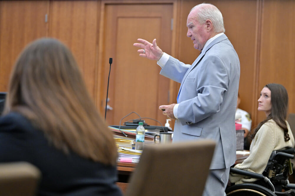 Lindsay Clancy's attorney Kevin Reddington speaks to Judge William Sullivan during proceedings in her murder trial on Aug. 20. (Josh Reynolds, Pool/AP)