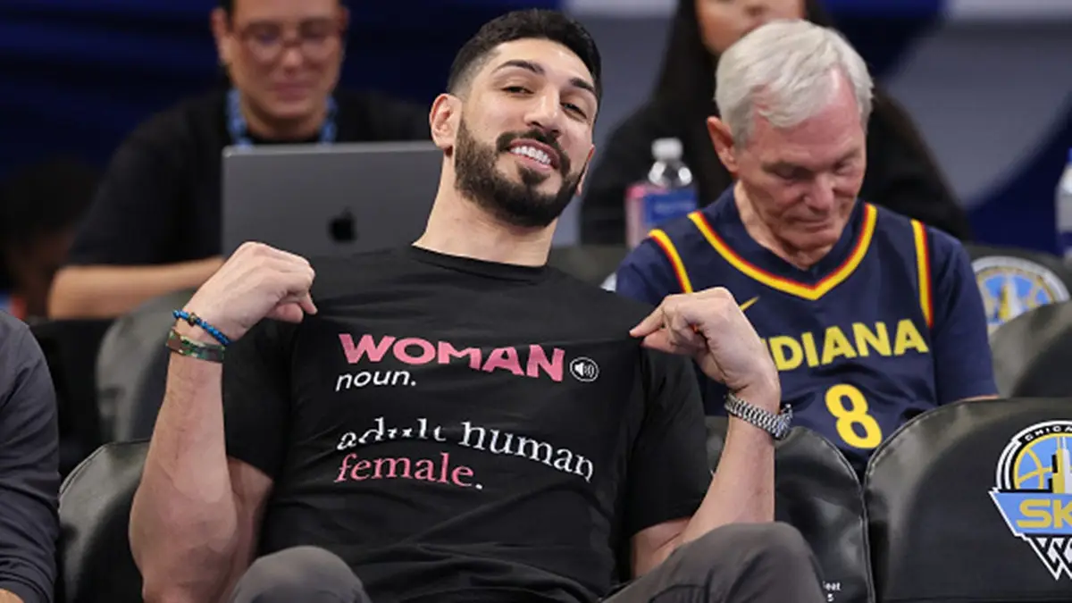 Enes Kanter Freedom poses courtside prior to a Chicago Sky and Indiana Fever game.