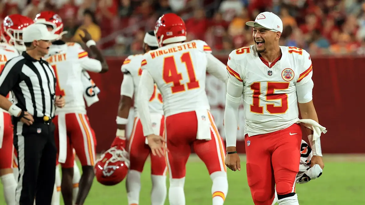 Patrick Mahomes celebrates after a 69-yard field goal by Harrison Butker.