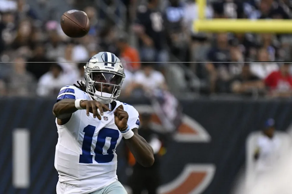 Sep 21, 2025; Chicago, Illinois, USA; Dallas Cowboys quarterback Joe Milton III (10) throws a pass against the Chicago Bears during the second half at Soldier Field. Mandatory Credit: Matt Marton-Imagn Images