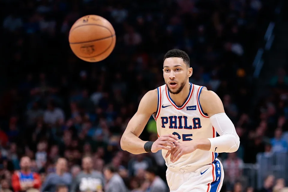 Philadelphia 76ers guard Ben Simmons (25) passes the ball in the first quarter against the Denver Nuggets at the Pepsi Center. Isaiah J. Downing-USA TODAY Sports
