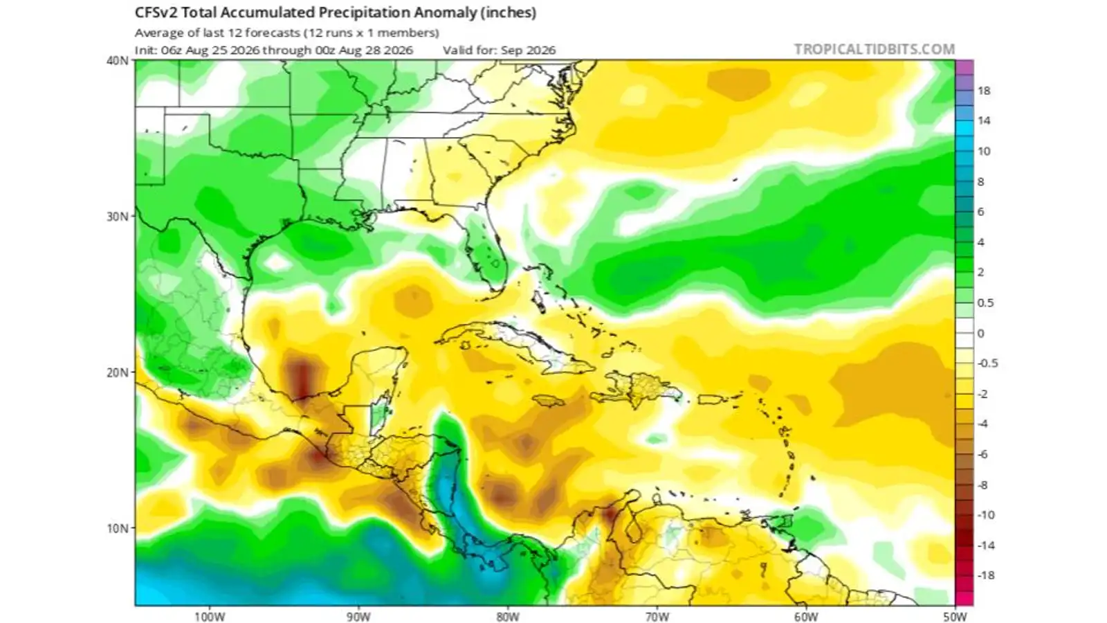 Map showing CFSv2 total accumulated precipitation anomaly forecast for September 2026 across the Gulf Coast, Caribbean, and Central America, with color-coded values ranging from deficits (orange/red) to surpluses (green/blue)