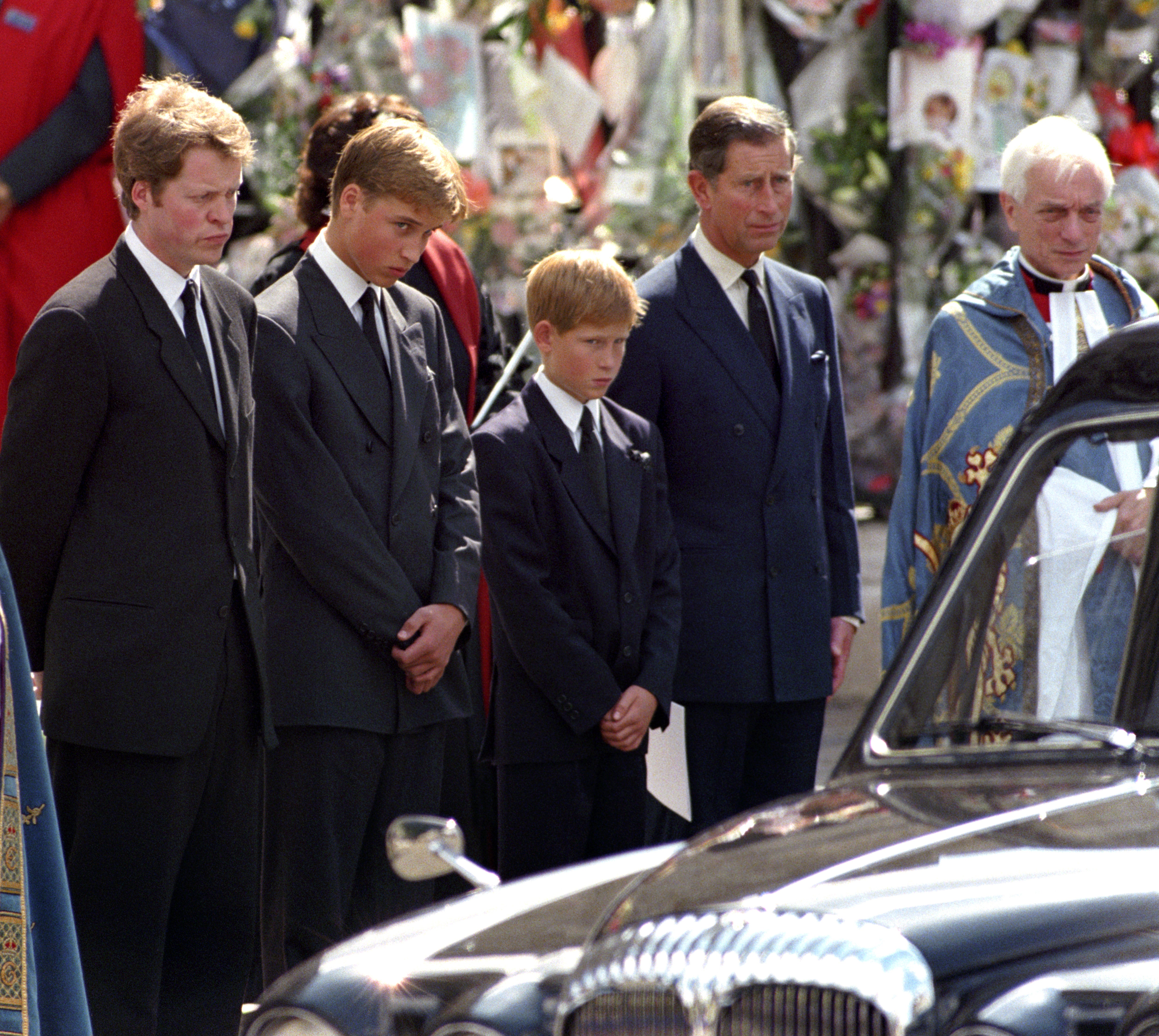 Earl Spencer, Prince William, Prince Harry and the then-Prince of Wales on the day of Diana’s funeral (Fiona Hanson/PA)