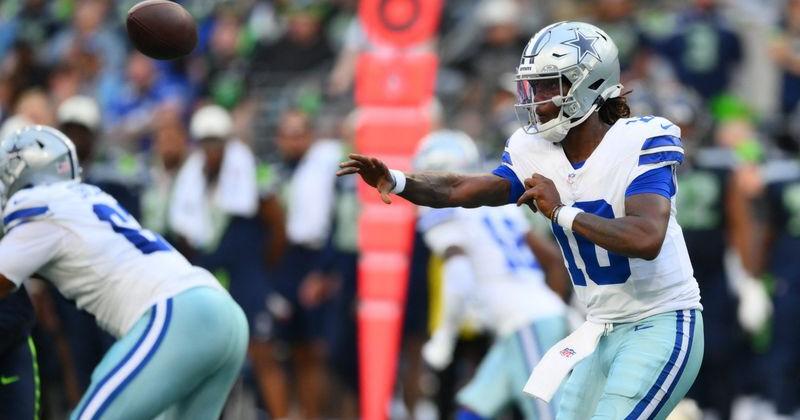 Aug 15, 2026; Seattle, Washington, USA; Dallas Cowboys quarterback Joe Milton III (10) passes the ball against the Seattle Seahawks during the second half at Lumen Field. Mandatory Credit: Steven Bisig-Imagn Images | State