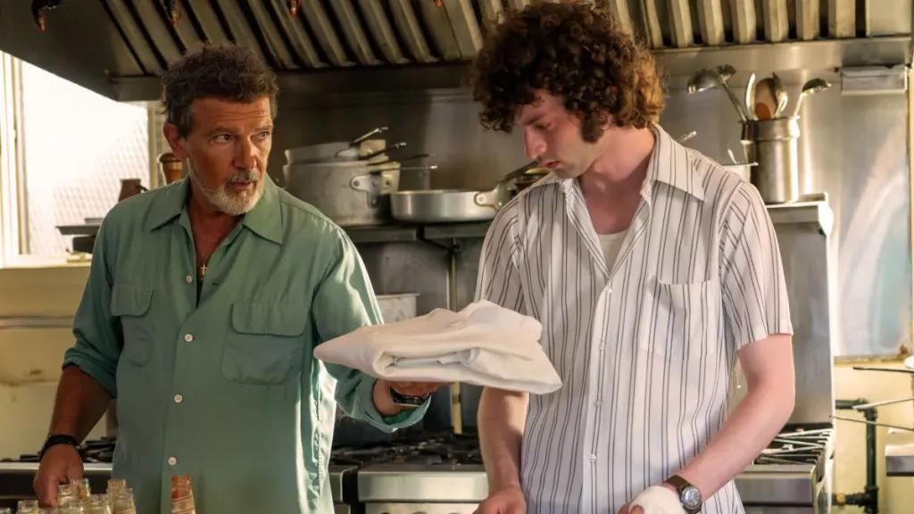 Antonio Banderas and Dominic Sessa in a scene from the Anthony Bourdain movie Tony