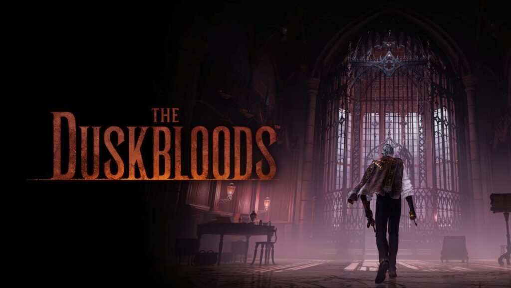 A character in 'The Duskbloods' walking towards a large, ornate gate in a dimly lit cathedral hall.
