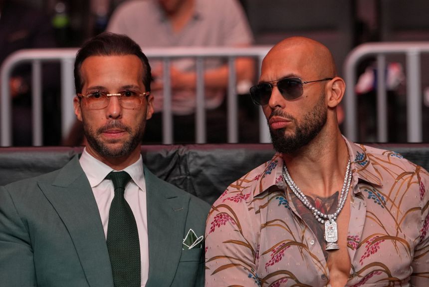 Andrew Tate and Tristan Tate attend a UFC fight in Miami on April 11.