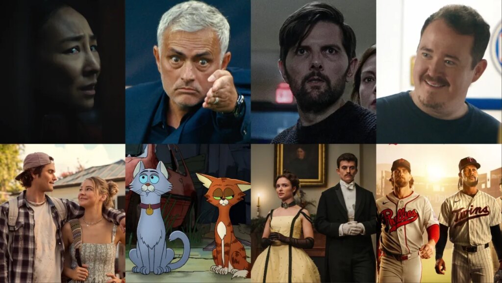 Clockwise from top left: 'The Last House,' 'Mourinho,' 'The Whisper Man,' 'Tires,' 'MLB Field of Dreams,' 'My Brilliant Career,' 'Ricky Gervais' Alley Cats' and 'Outer Banks.'