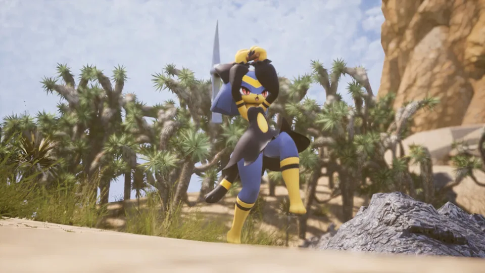 A cat-like Pal mining an ore node.
