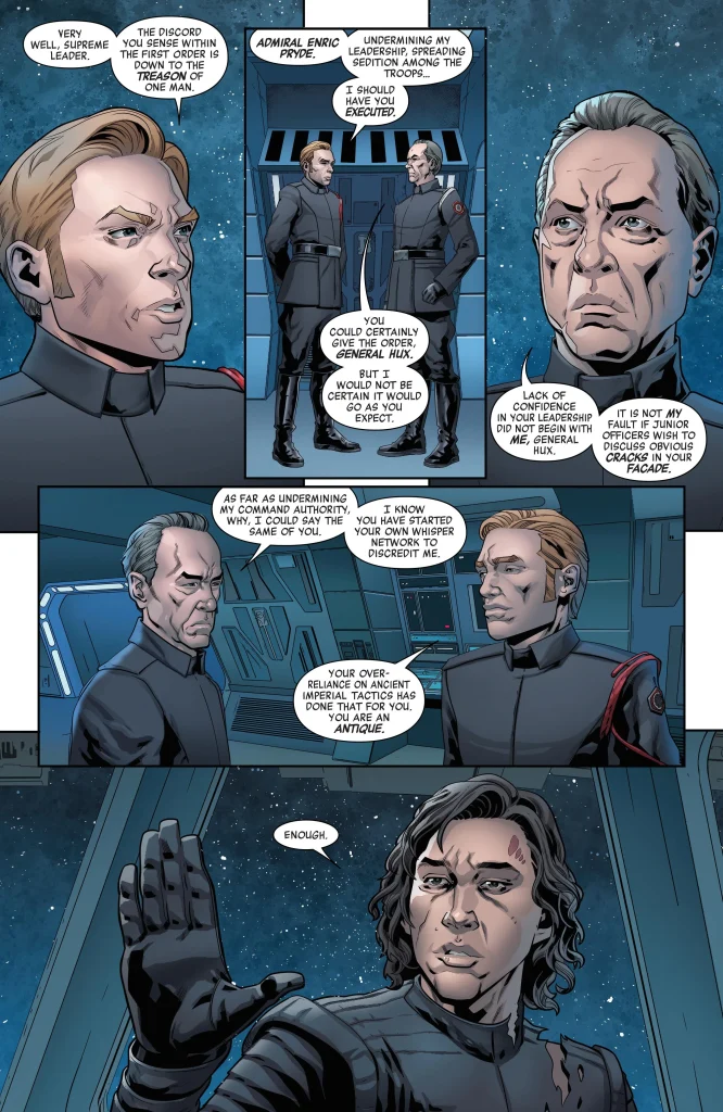 Admiral Pryde and General Hux argue in front of Kylo Ren