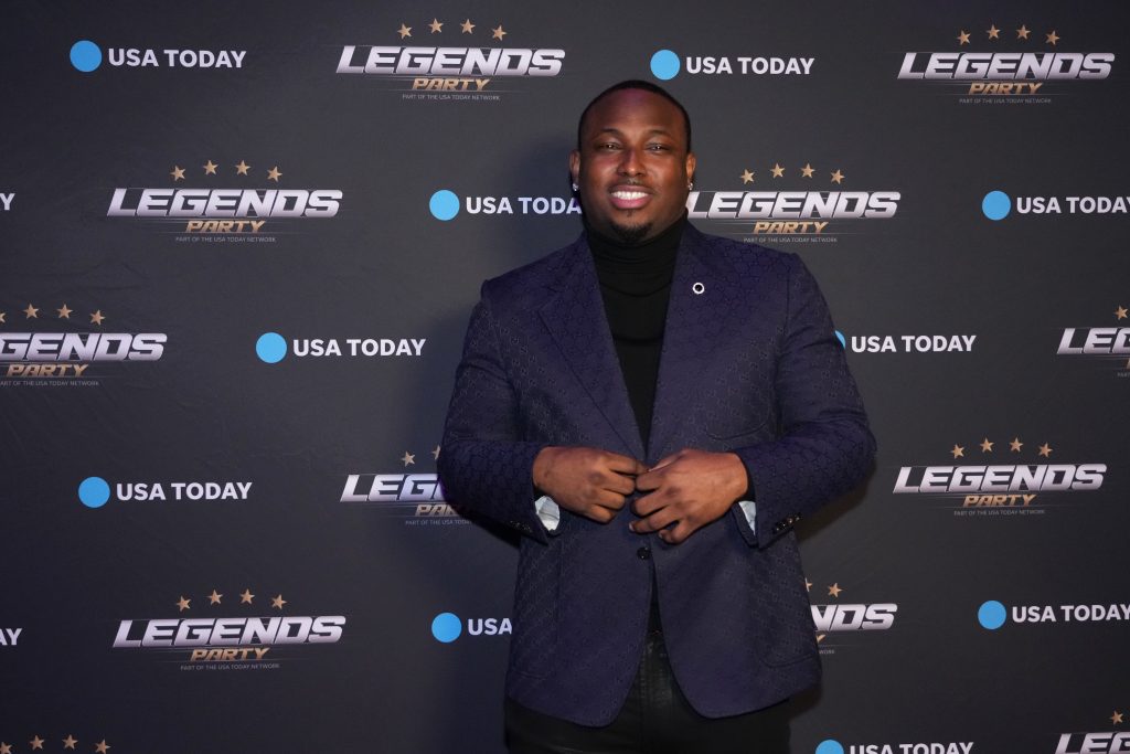 Feb 9, 2024; Las Vegas, NV, USA; Former running back LeSean McCoy arrives before the Legends NFL Party.