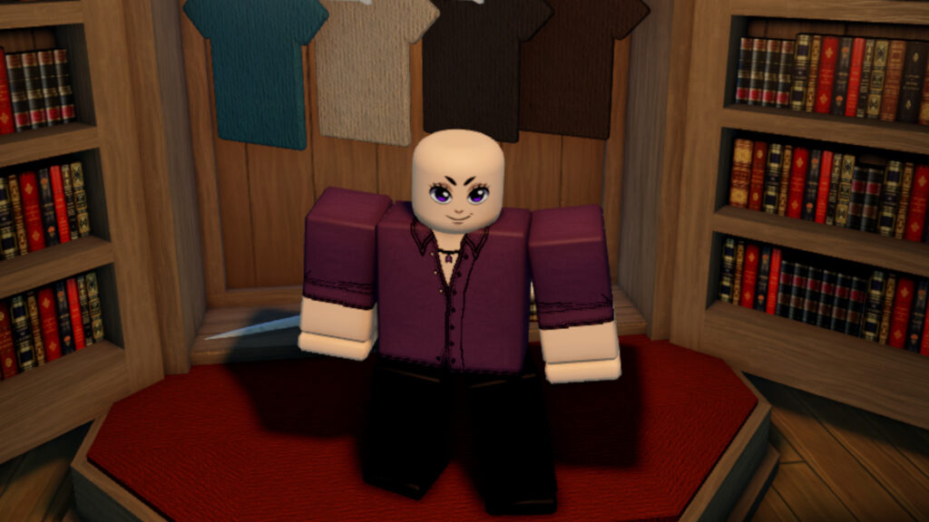 Grand Blue codes: A Roblox character with no hair wearing a red button down shirt in a library