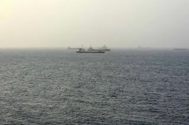 En la imagen se ven buques que transitan por el golfo de Omán frente a la costa de Mascate el 25 de julio de 2026. 
