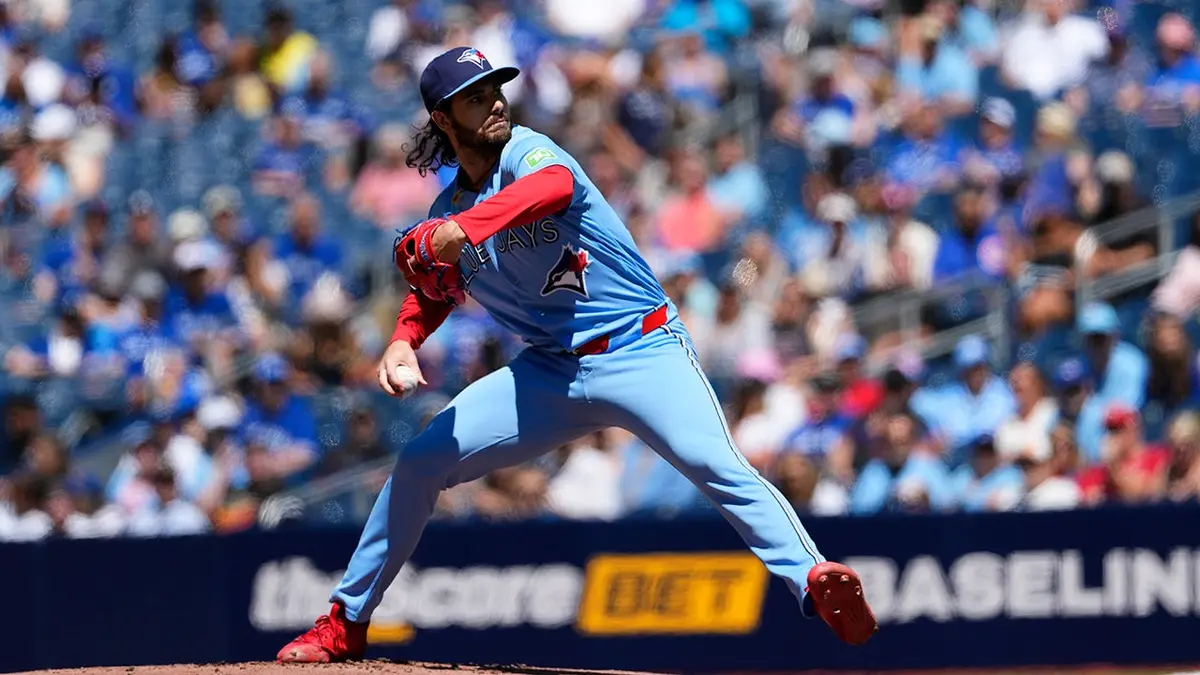 Jun 27, 2026; Toronto, Ontario, CAN; Toronto Blue Jays pitcher Dylan Cease (84) pitches to the Texas Rangers during the first inning at Rogers Centre. Mandatory Credit: Kevin Sousa-Imagn Images