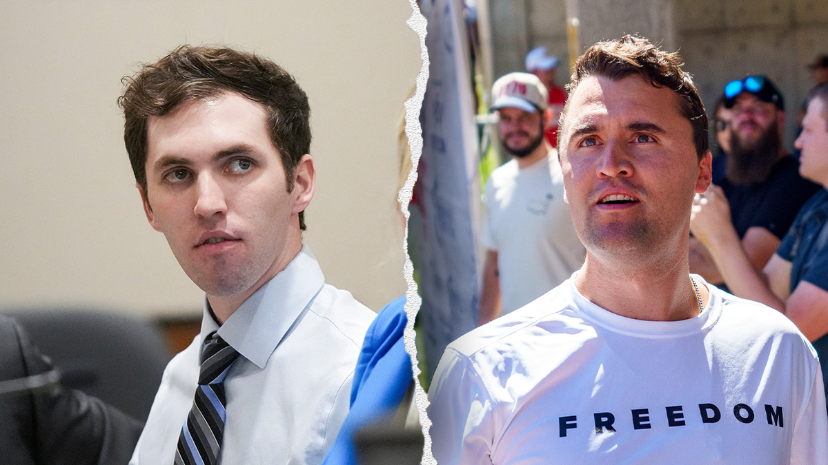 A split image showing suspected assassin Tyler Robinson wearing a shirt and tie in court and the victim, Charlie Kirk, wearing a T-shirt emblazoned with the word