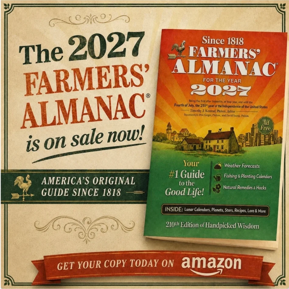 2027 Farmers' Almanac cover with guide to good living and weather forecasts.