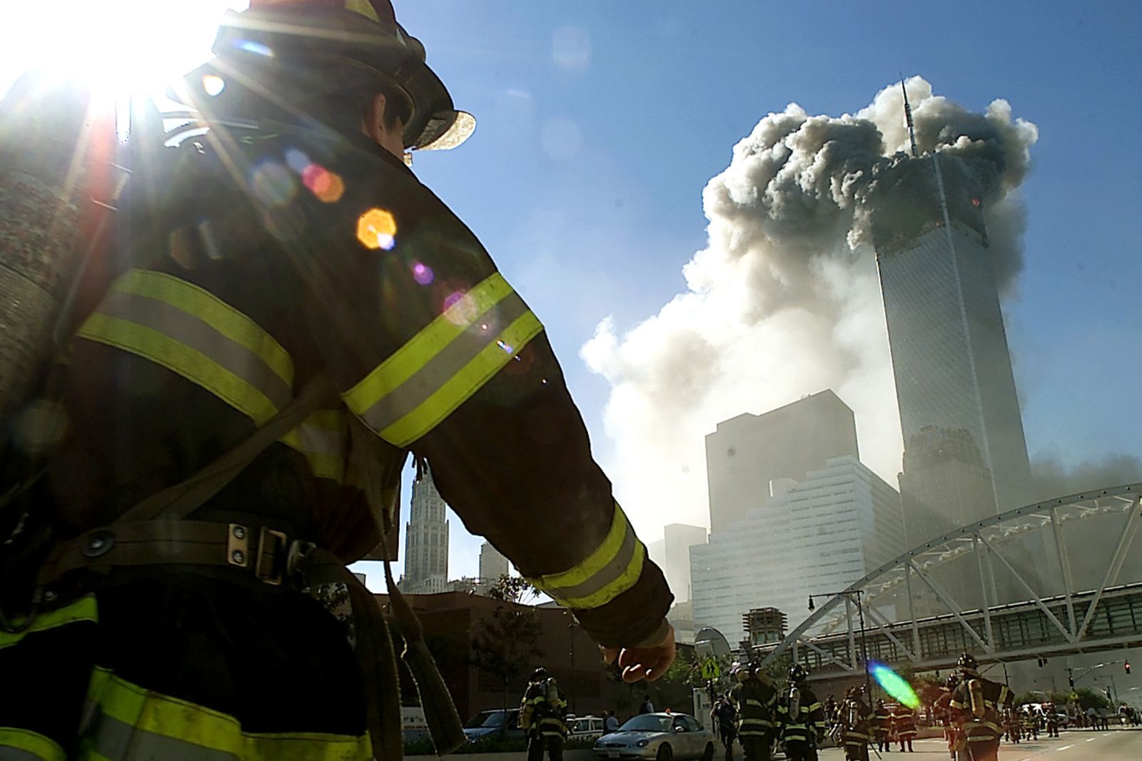 A fiery blasts rocks the World Trade Center after being hit by two planes September 11, 2001 in New York City.