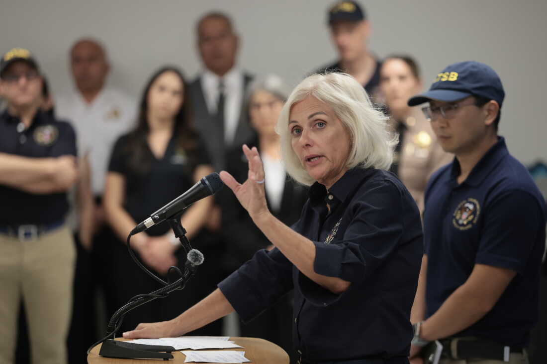 Jennifer Homendy, Chairperson of the National Transportation Safety Board, holds a press conference on the investigation into the Amazon Cargo plane crash at Miami International Airport on September 7, 2026 in Miami, Florida.