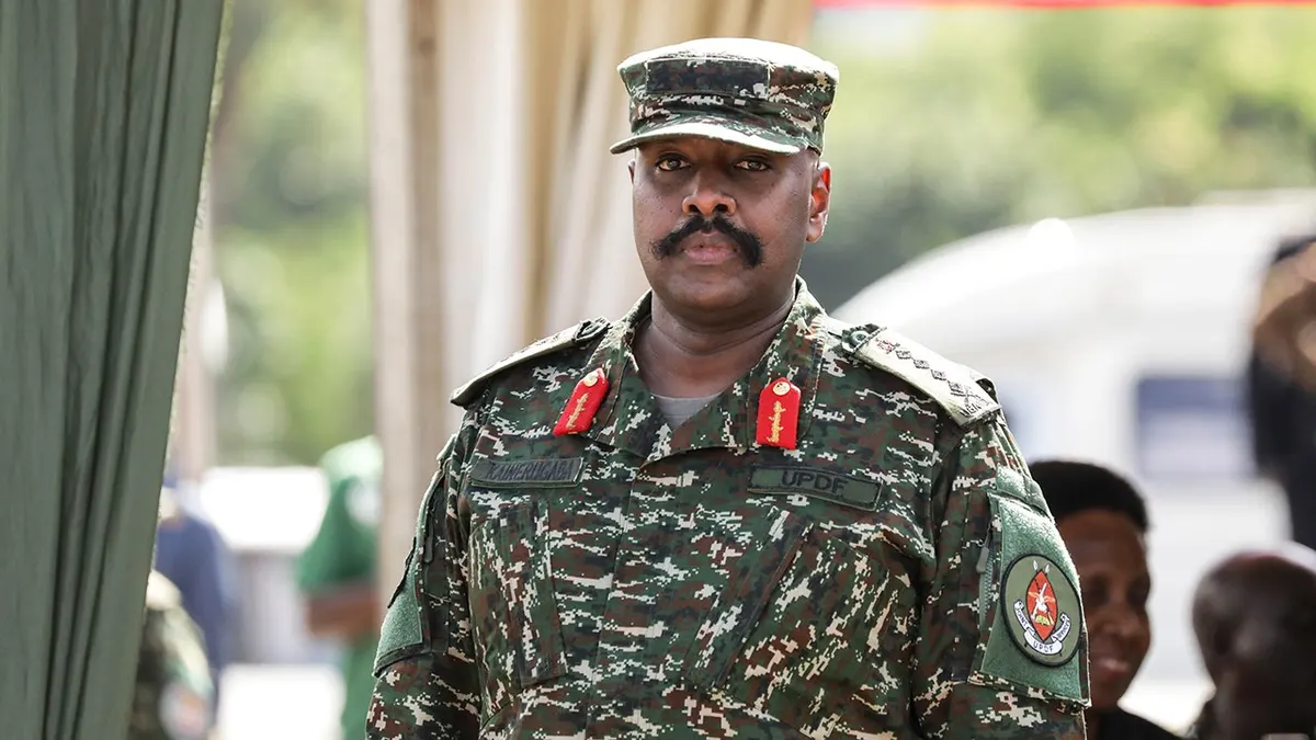 General Muhoozi Kainerugaba, Uganda's Chief of Defense Forces, attends a drill competition.