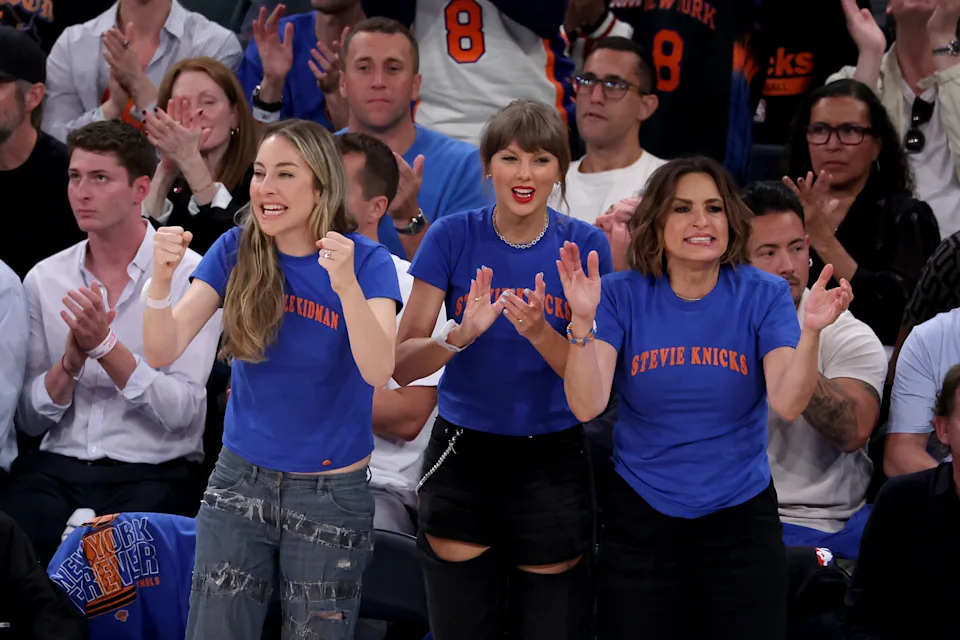 Este Haim, Taylor Swift, and Mariska Hargitay attend Game Four of the 2026 NBA Finals between the San Antonio Spurs and the New York Knicks at Madison Square Garden on June 10.