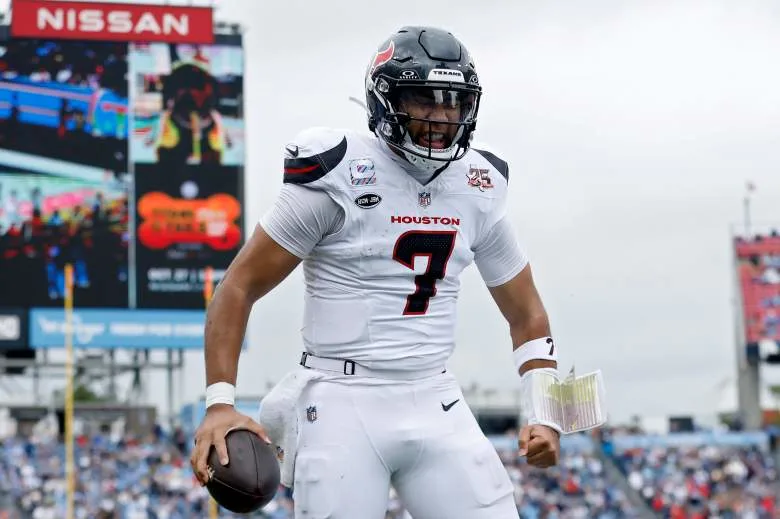 NASHVILLE, TENNESSEE - OCTOBER 11: C.J. Stroud #7 of the Houston Texans celebrates after scoring a touchdown during the third quarter of the game against the Tennessee Titans at Nissan Stadium on October 11, 2026 in Nashville, Tennessee. (Photo by Justin Ford/Getty Images)