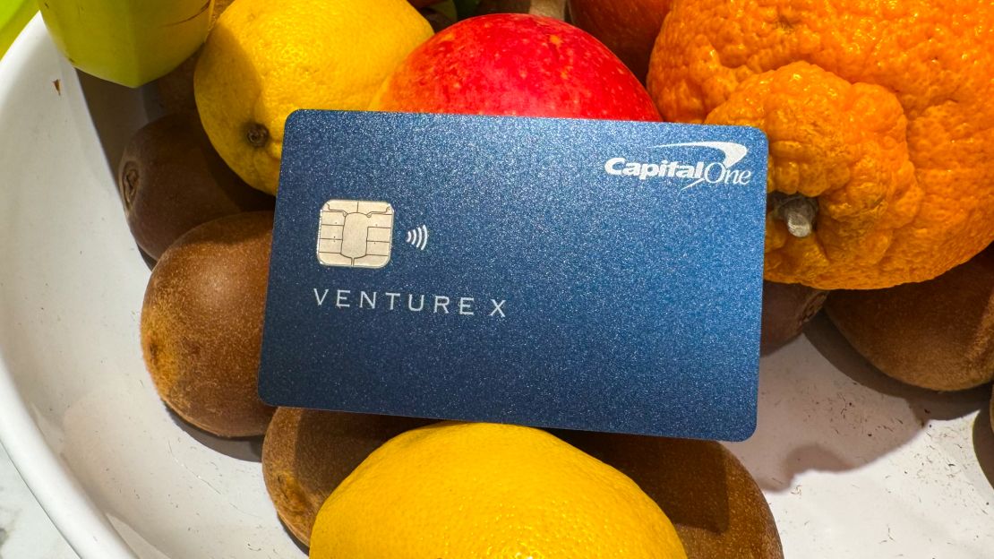 Capital One Venture X Card on a bowl of fruit