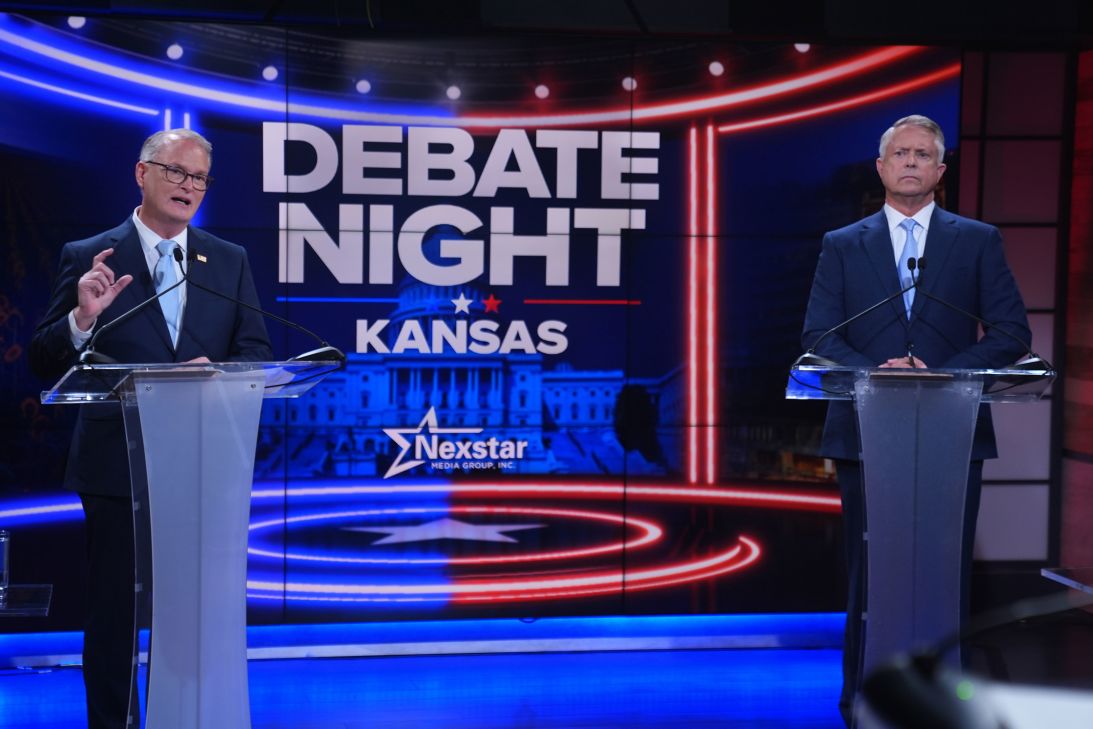 Republican Sen. Roger Marshall, right, and Democratic nominee for U.S. Senate Adam Hamilton participate in a debate at WDAF TV in Kansas City, Missouri, on October 21.