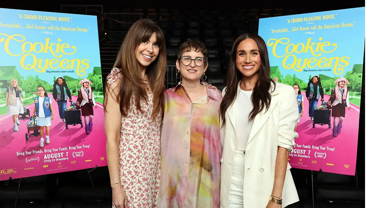 Meghan Markle, Jessica Radloff, and Alysa Nahmias stand together at a screening event.
