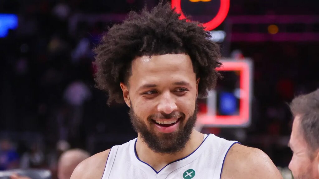 Nov 18, 2025; Atlanta, Georgia, USA; Detroit Pistons guard Cade Cunningham (2) does an interview after a victory over the Atlanta Hawks at State Farm Arena. Mandatory Credit: Brett Davis-Imagn Images