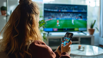 Un individuo concentrado en su teléfono móvil, con un televisor encendido en el fondo mostrando una película o serie. La imagen captura la realidad de cómo los smartphones y el acceso a internet y redes sociales han cambiado la manera en que interactuamos con los medios tradicionales, mostrando la tendencia de dividir nuestra atención entre distintas pantallas en nuestra vida diaria. (Imagen ilustrativa Infobae)