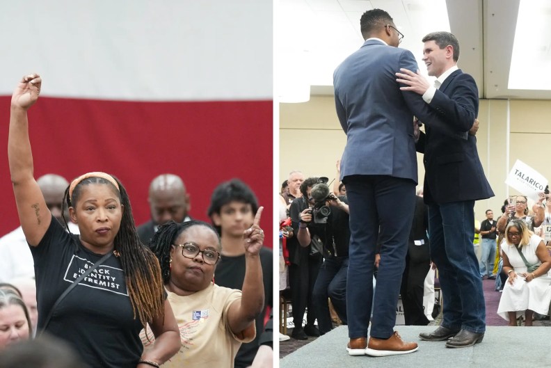 two photos, one of a woman with her arm raised. two men standing on a stage